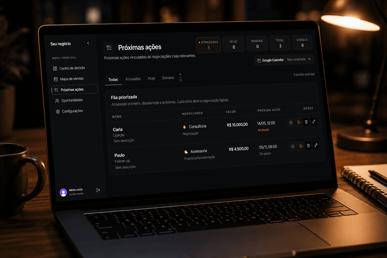 Tela de próximas ações no Essensix, com tarefas comerciais organizadas em uma interface escura.